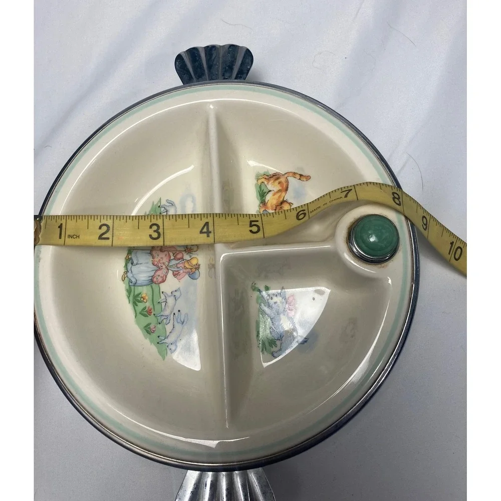 Vintage 1944 Bartsch Little Bo Peep Baby Warming Dish Divided Plate Chrome